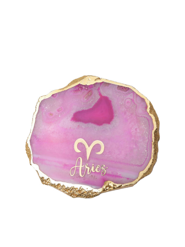 Pink Agate Zodiac Sign Aries Table Coaster
