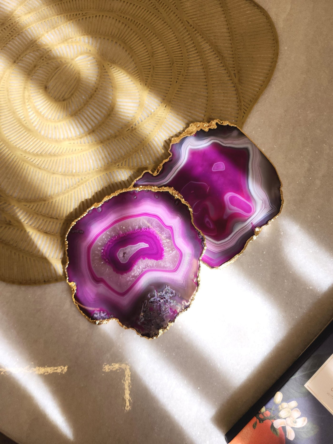 Agate Coaster Set Of 2 - Pink with Gold Plated edge