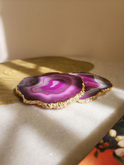 Agate Coaster Set Of 2 - Pink with Gold Plated edge
