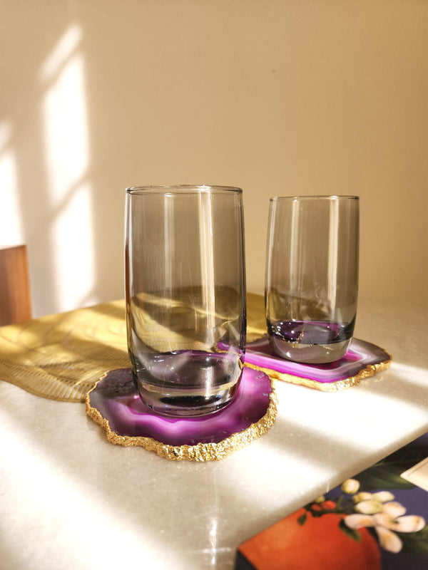 Agate Coaster Set Of 2 - Pink with Gold Plated edge