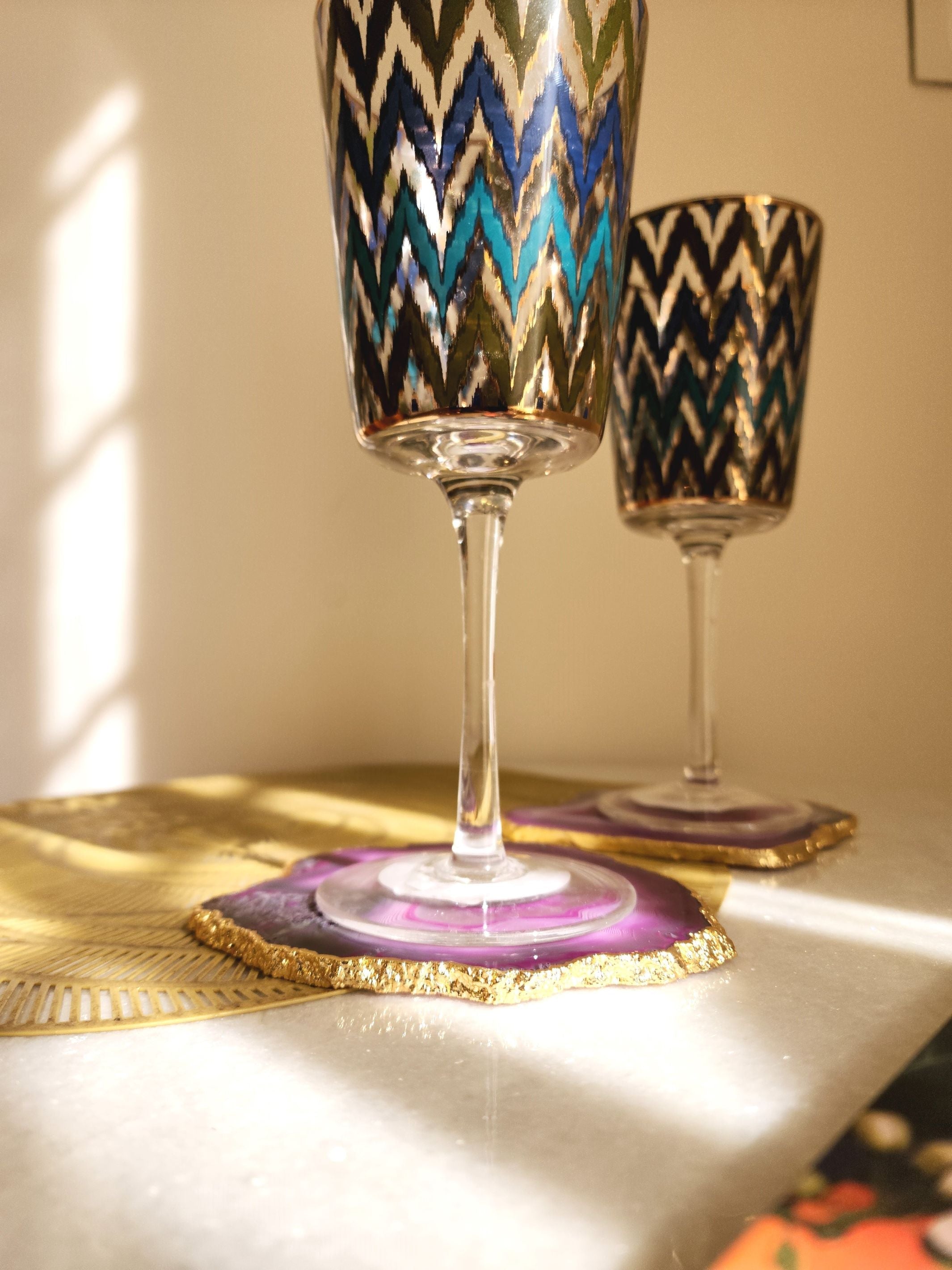 Agate Coaster Set Of 2 - Pink with Gold Plated edge