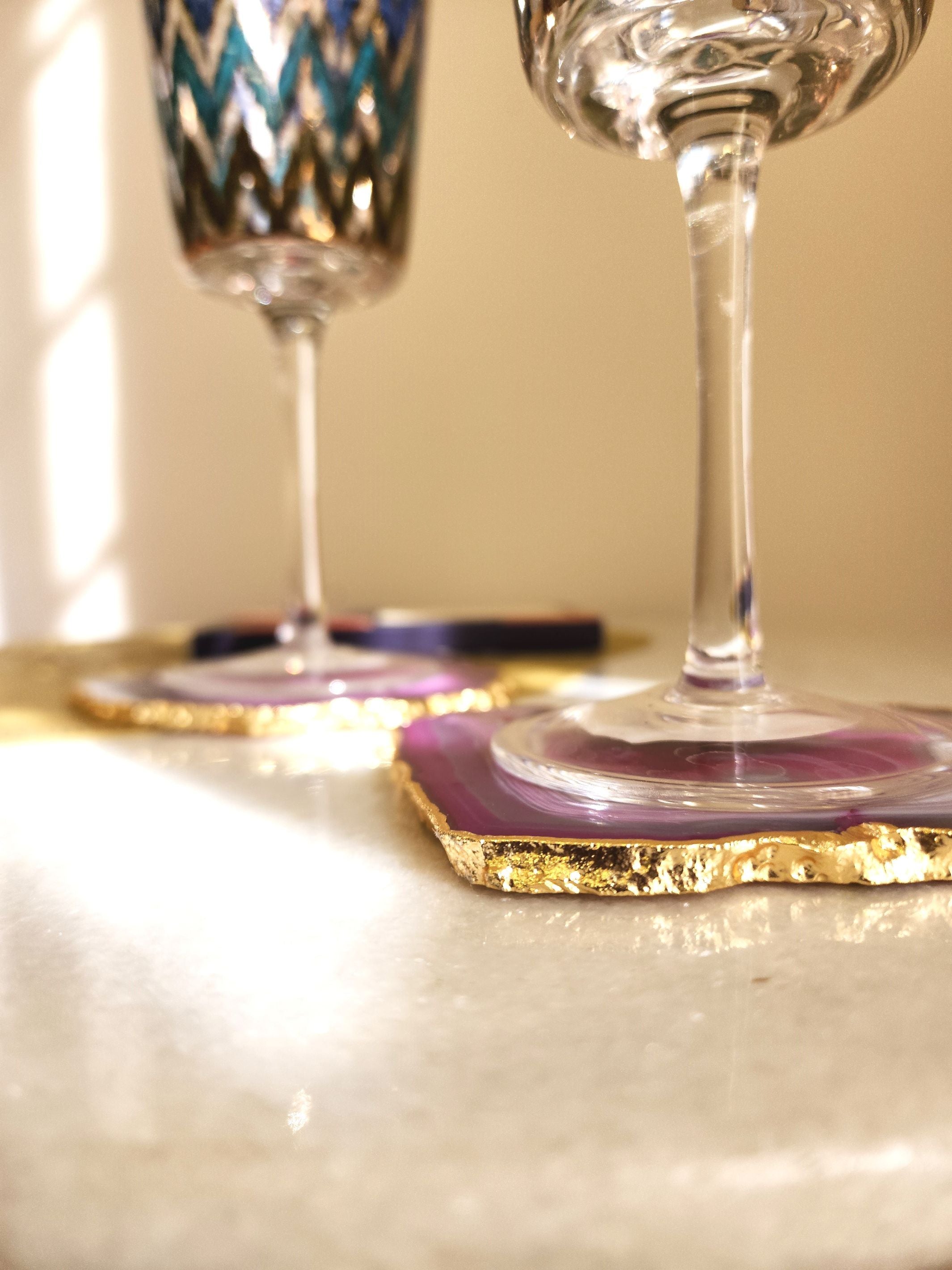 Agate Coaster Set Of 2 - Pink with Gold Plated edge