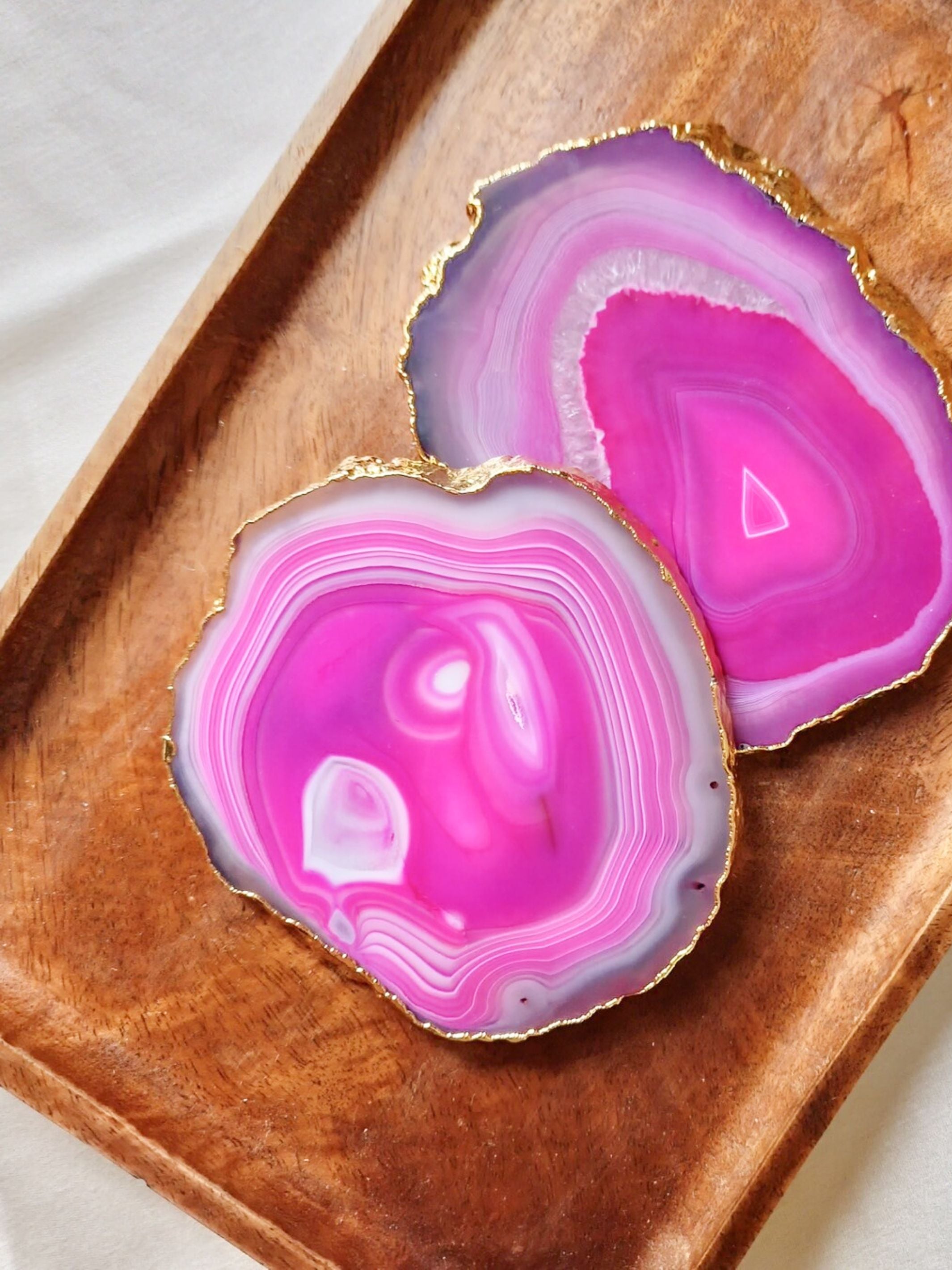 Agate Coaster Set Of 2 - Pink with Gold Plated edge