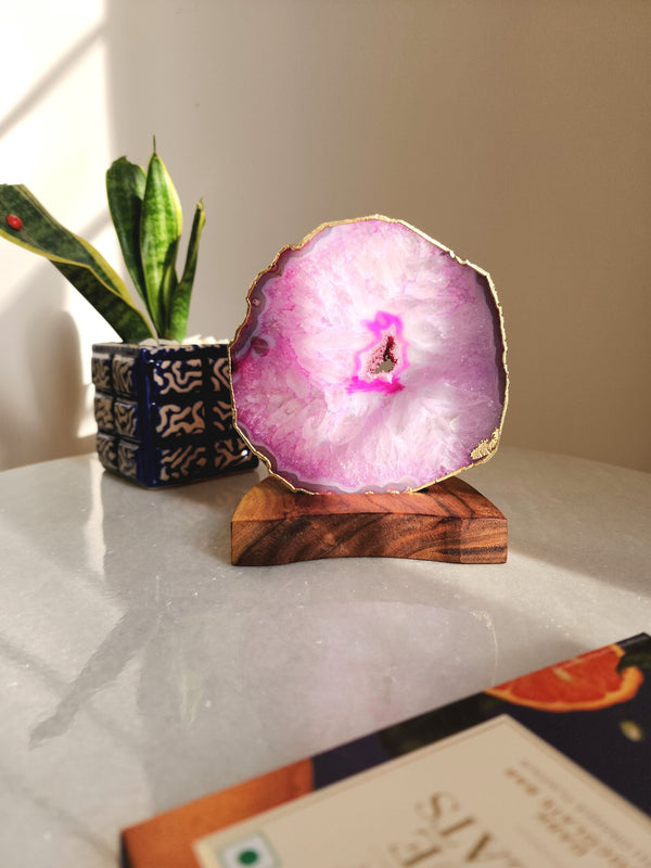 Agate Tealight Holder - Pink Gemstone Gold Plated With Wooden Stand