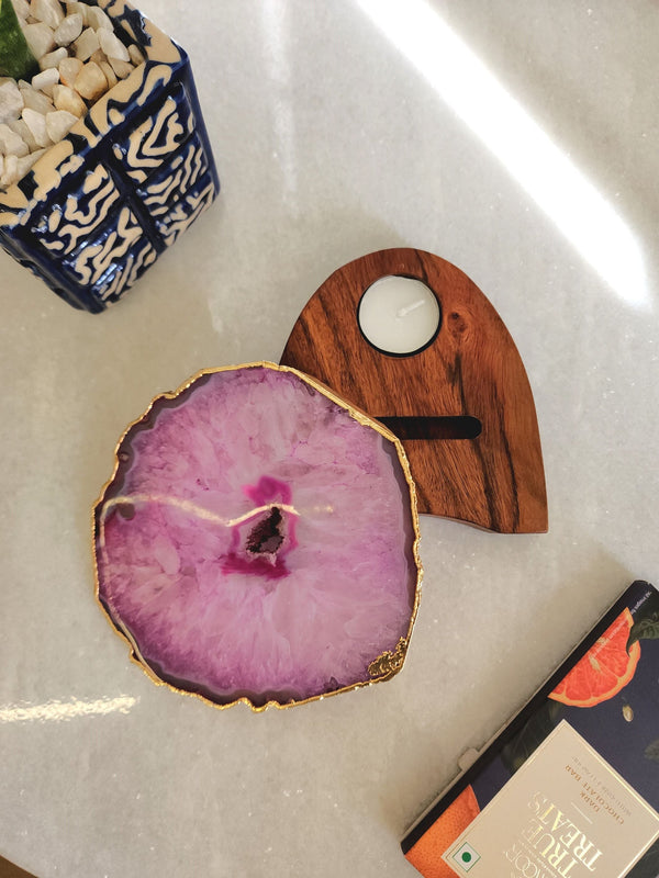 Agate Tealight Holder - Pink Gemstone Gold Plated With Wooden Stand
