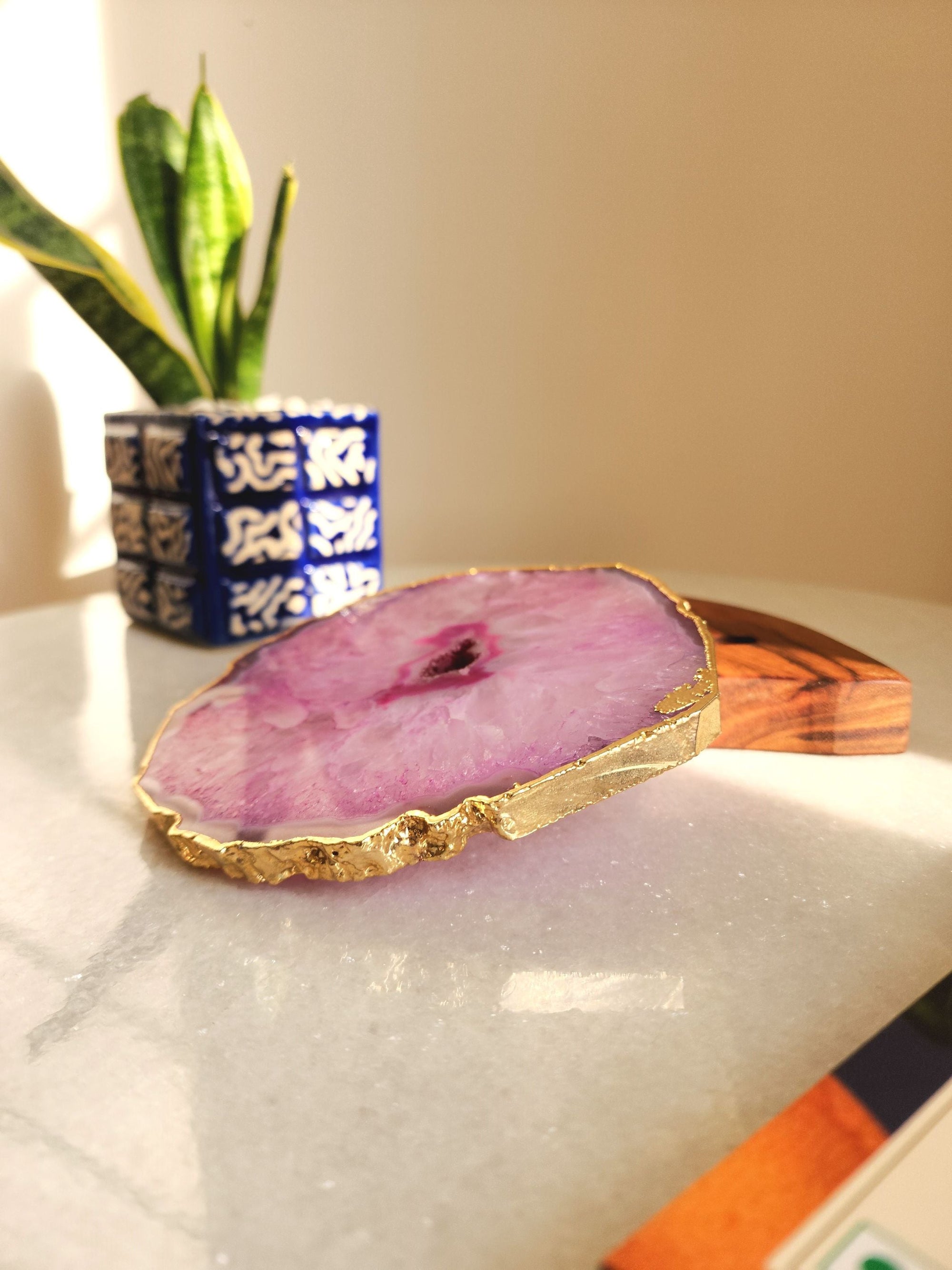 Agate Tealight Holder - Pink Gemstone Gold Plated With Wooden Stand