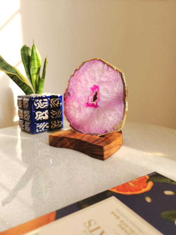 Agate Tealight Holder - Pink Gemstone Gold Plated With Wooden Stand