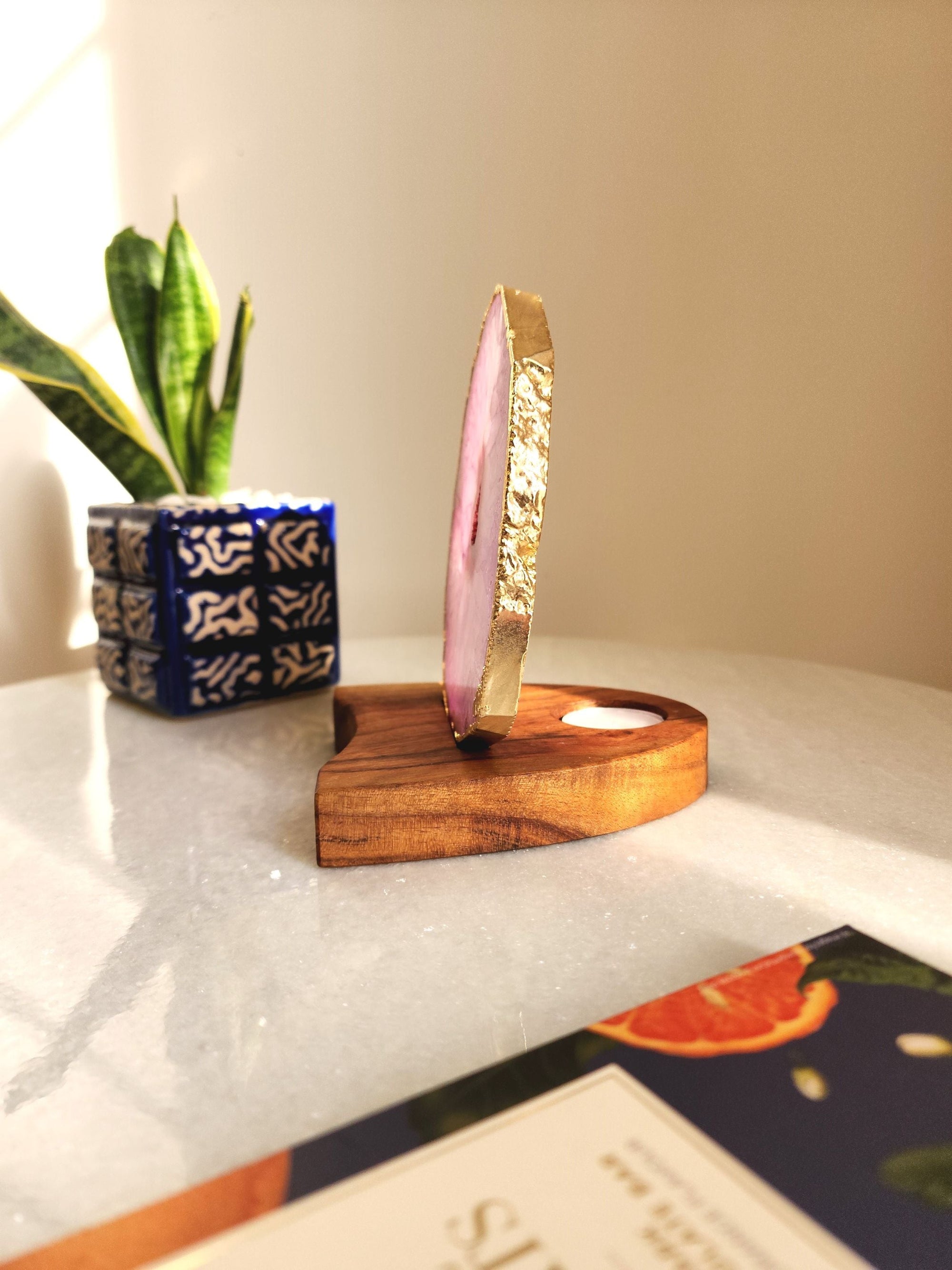 Agate Tealight Holder - Pink Gemstone Gold Plated With Wooden Stand