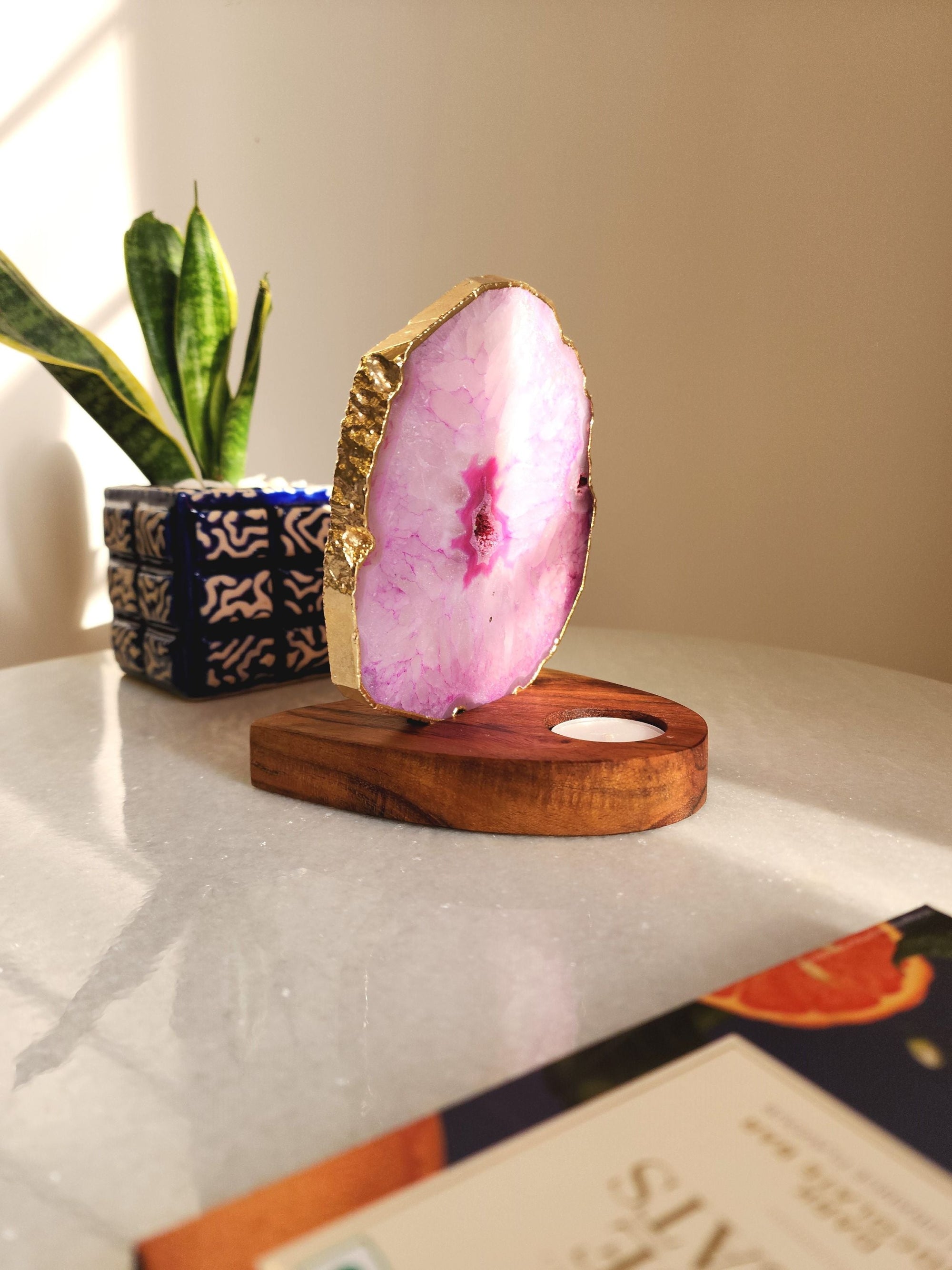 Agate Tealight Holder - Pink Gemstone Gold Plated With Wooden Stand