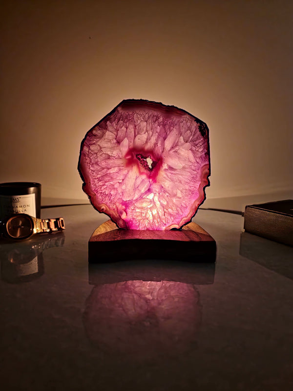 Agate Tealight Holder - Pink Gemstone Gold Plated With Wooden Stand