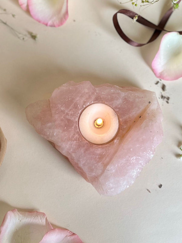 Tea Light Candle Holder - Rose Quartz Drilled