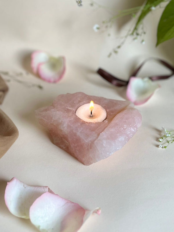 Tea Light Candle Holder - Rose Quartz Drilled