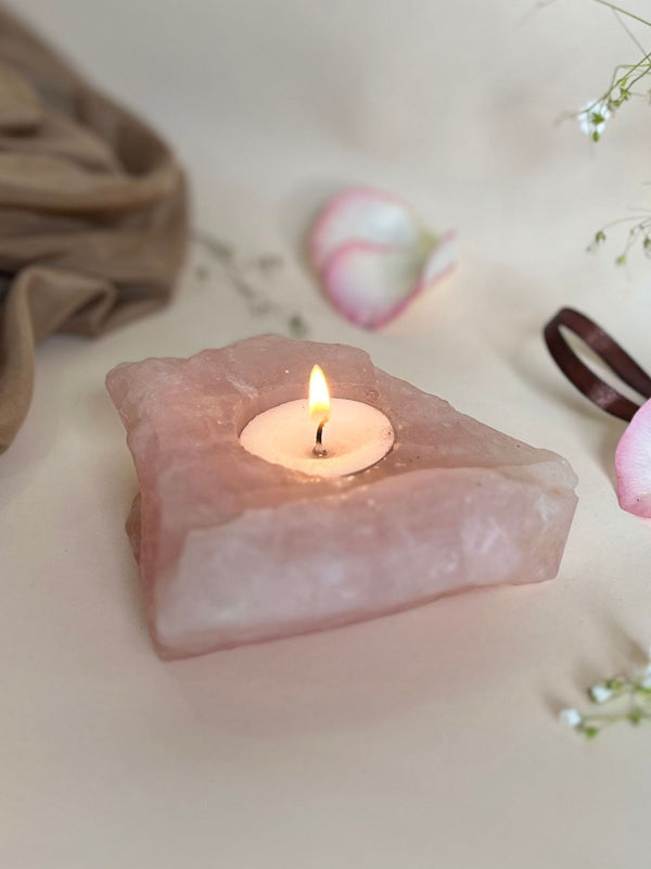 Tea Light Candle Holder - Rose Quartz Drilled