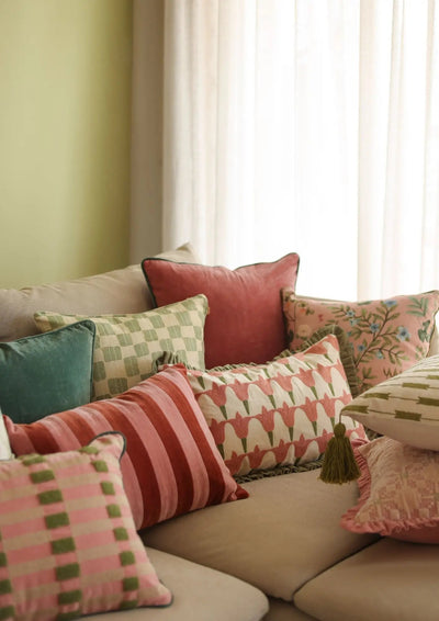 Holly Rhubarb Stripe Patch Velvet Oblong Cushion Cover