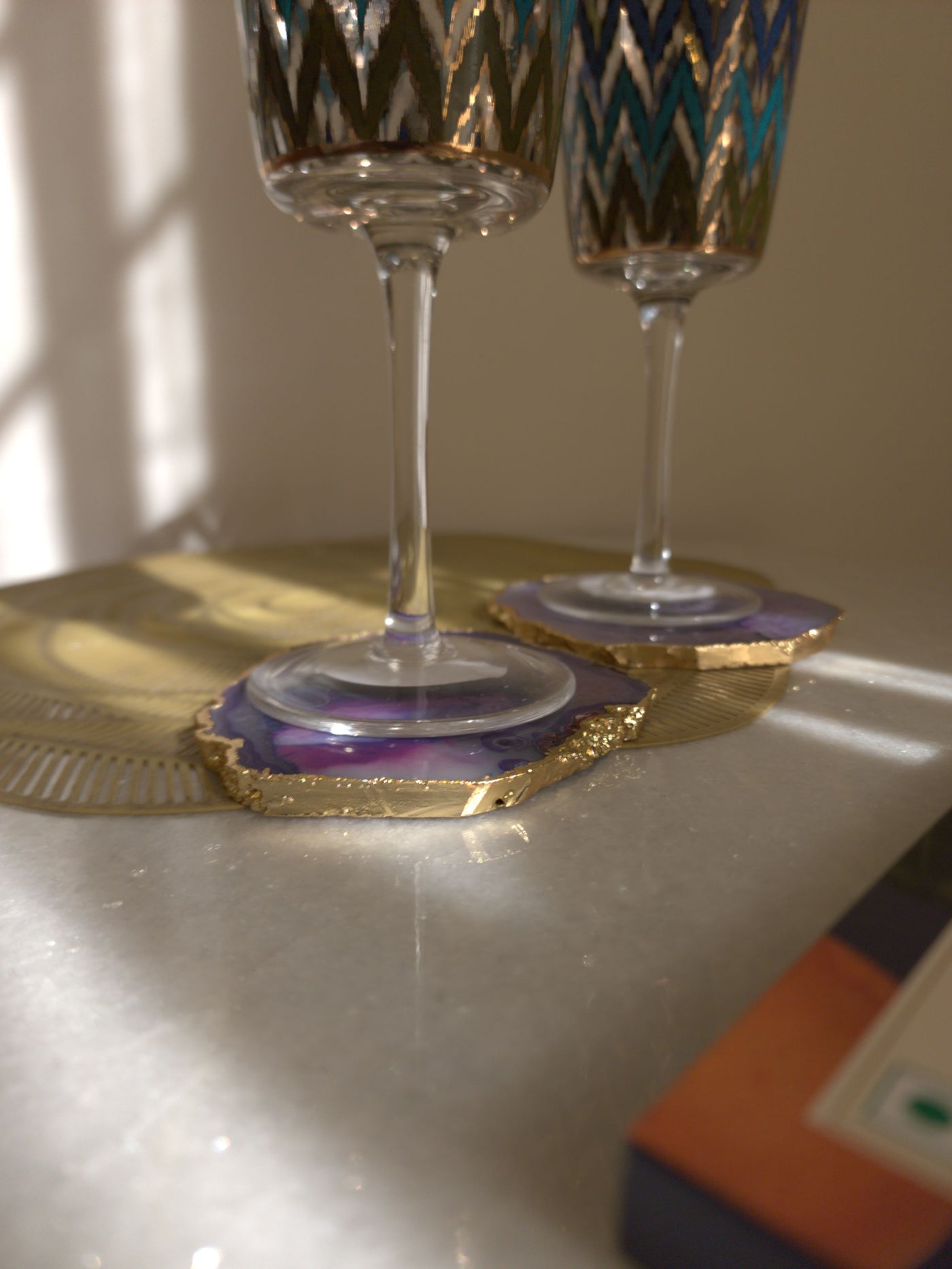 Agate Coaster Set Of 2 - Purple with Gold Plated Edge