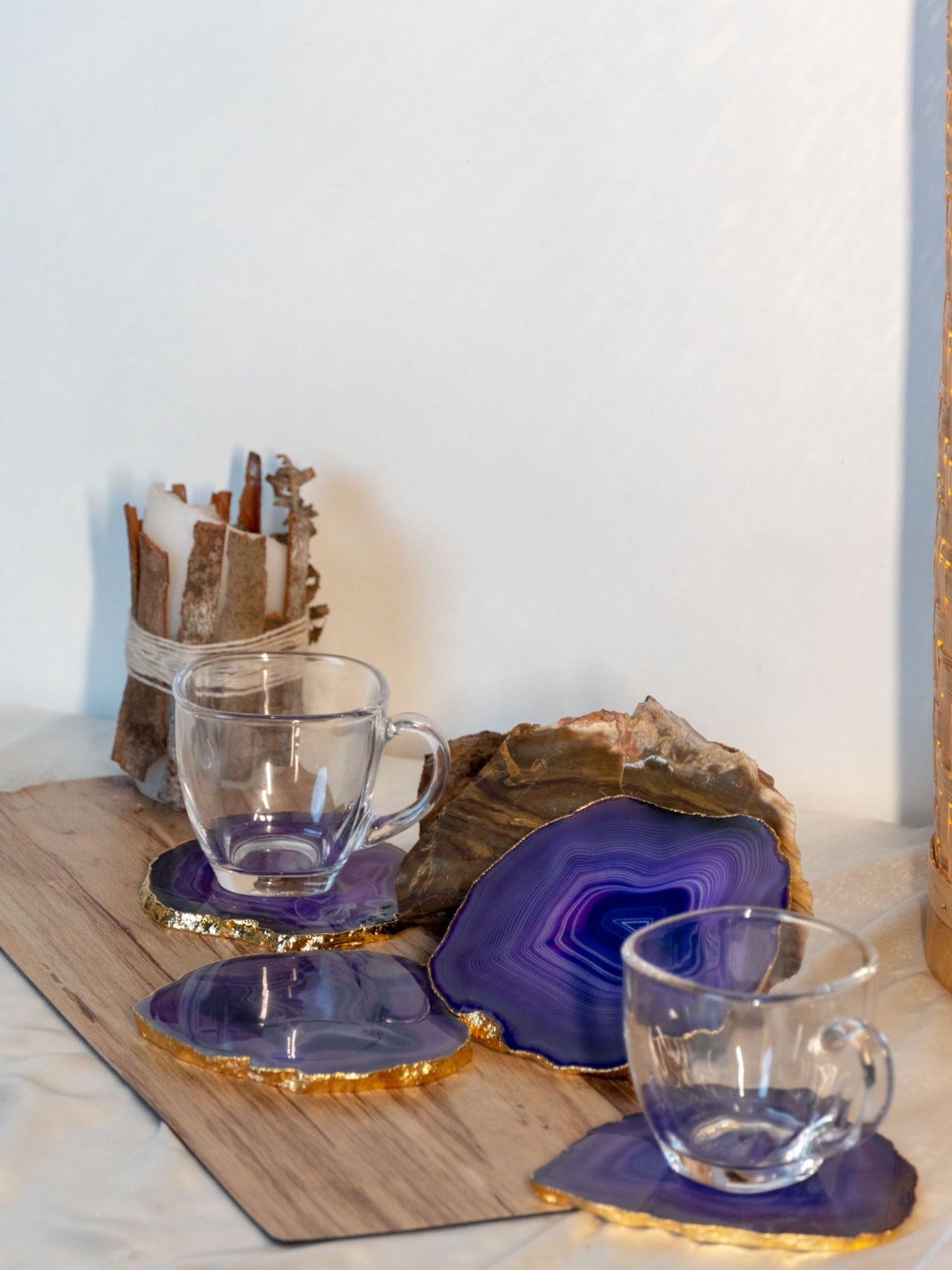 Agate Coaster Set Of 2 - Purple with Gold Plated Edge