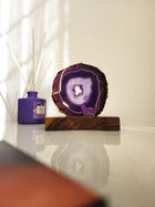 Agate Tealight Holder - Purple Gemstone Gold Plated With Wooden Stand