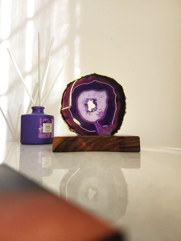 Agate Tealight Holder - Purple Gemstone Gold Plated With Wooden Stand