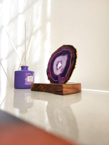 Agate Tealight Holder - Purple Gemstone Gold Plated With Wooden Stand