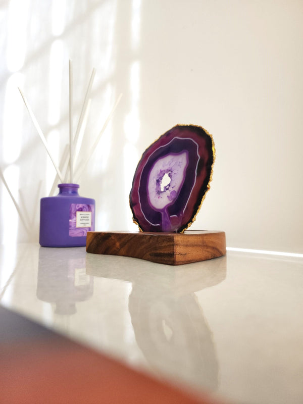 Agate Tealight Holder - Purple Gemstone Gold Plated With Wooden Stand