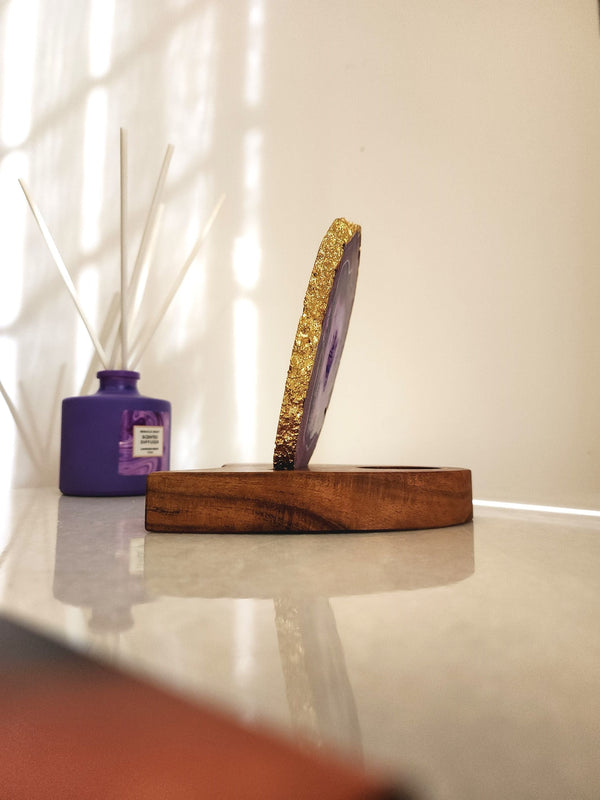 Agate Tealight Holder - Purple Gemstone Gold Plated With Wooden Stand