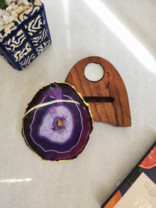 Agate Tealight Holder - Purple Gemstone Gold Plated With Wooden Stand