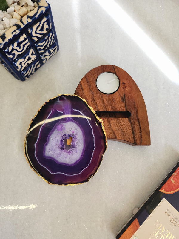Agate Tealight Holder - Purple Gemstone Gold Plated With Wooden Stand