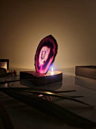 Agate Tealight Holder - Purple Gemstone Gold Plated With Wooden Stand