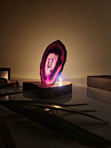 Agate Tealight Holder - Purple Gemstone Gold Plated With Wooden Stand
