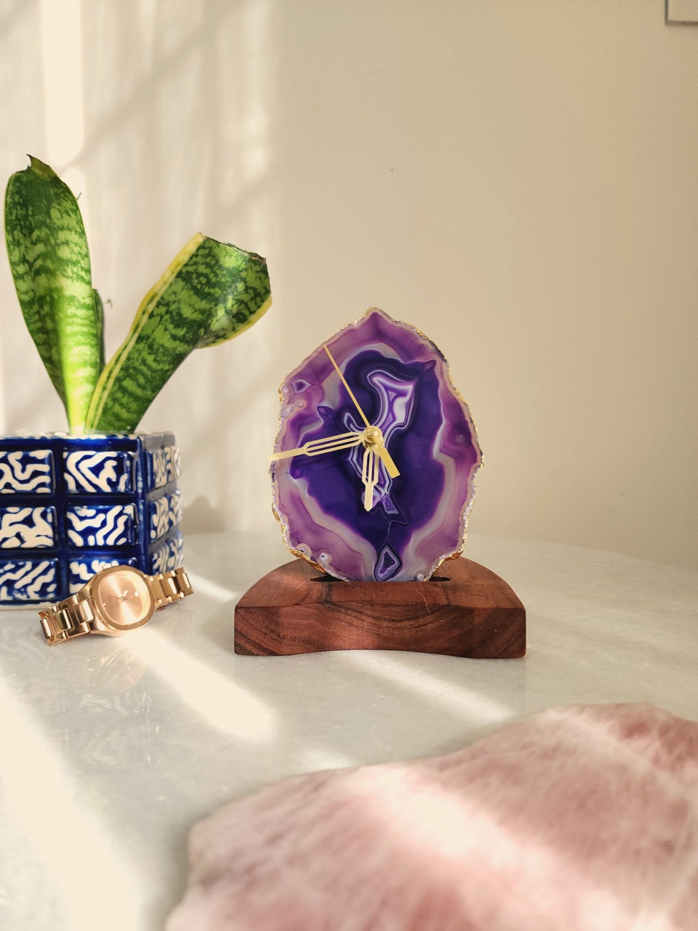 Agate Table Clock - Purple Gemstone Gold Plated