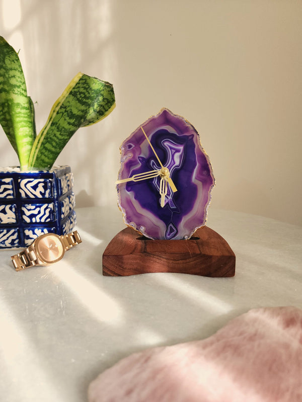 Agate Table Clock - Purple Gemstone Gold Plated