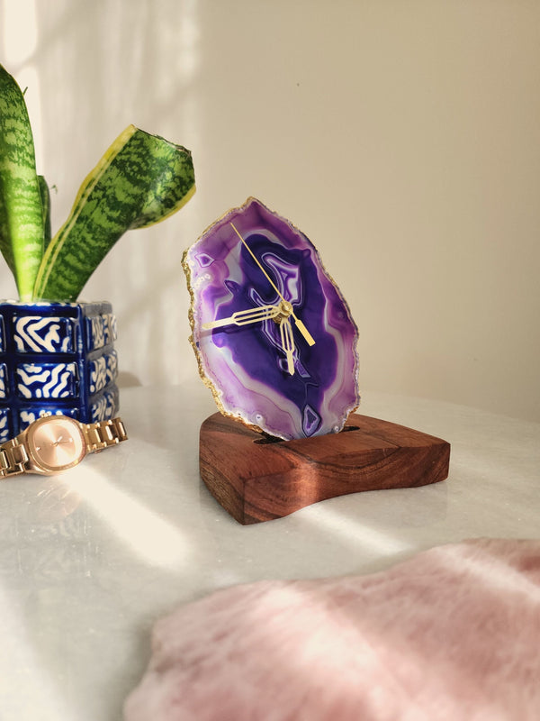 Agate Table Clock - Purple Gemstone Gold Plated