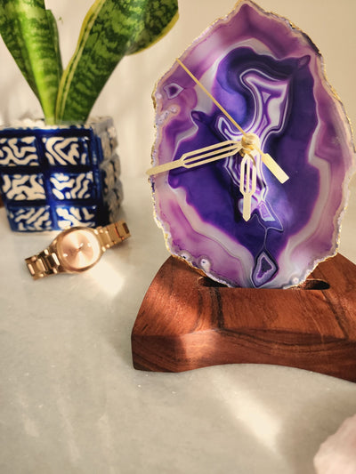 Agate Table Clock - Purple Gemstone Gold Plated