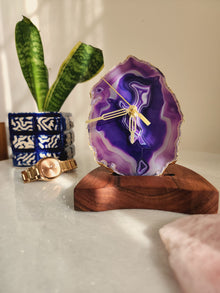 Agate Table Clock - Purple Gemstone Gold Plated
