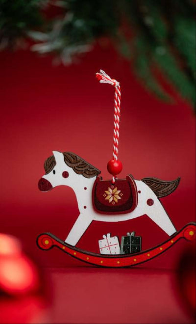 Wooden Rocking Horse Hanging Ornament with Gifts_CC15