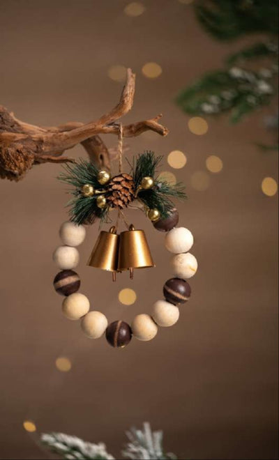Wooden Bead Wreath Hanging Ornament with Golden Bells_CC46