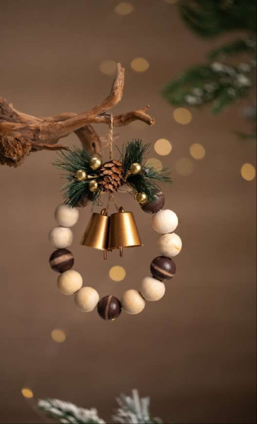 Wooden Bead Wreath Hanging Ornament with Golden Bells_CC46