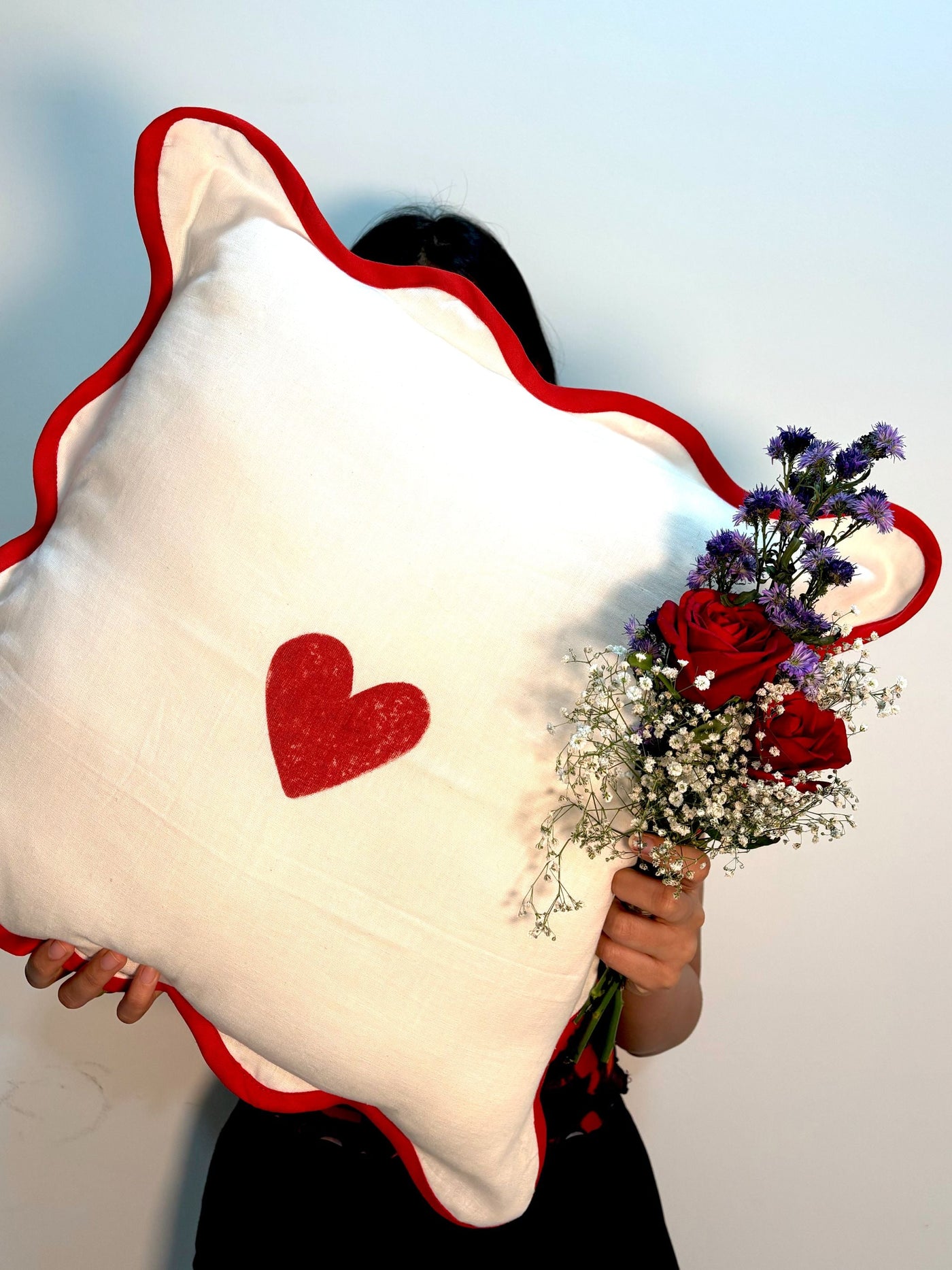 Red Heart Block Printed Love Cushion Cover