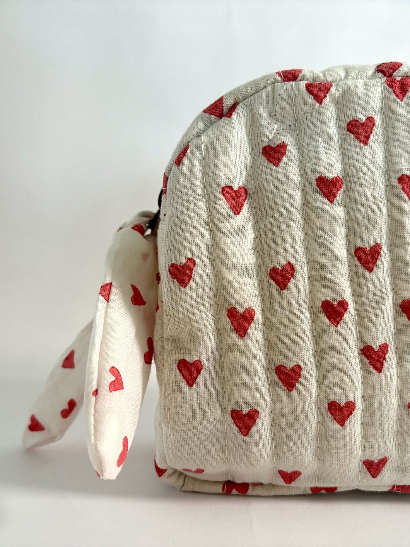 Red Hearts on White Quilted Cotton Travel Pouch