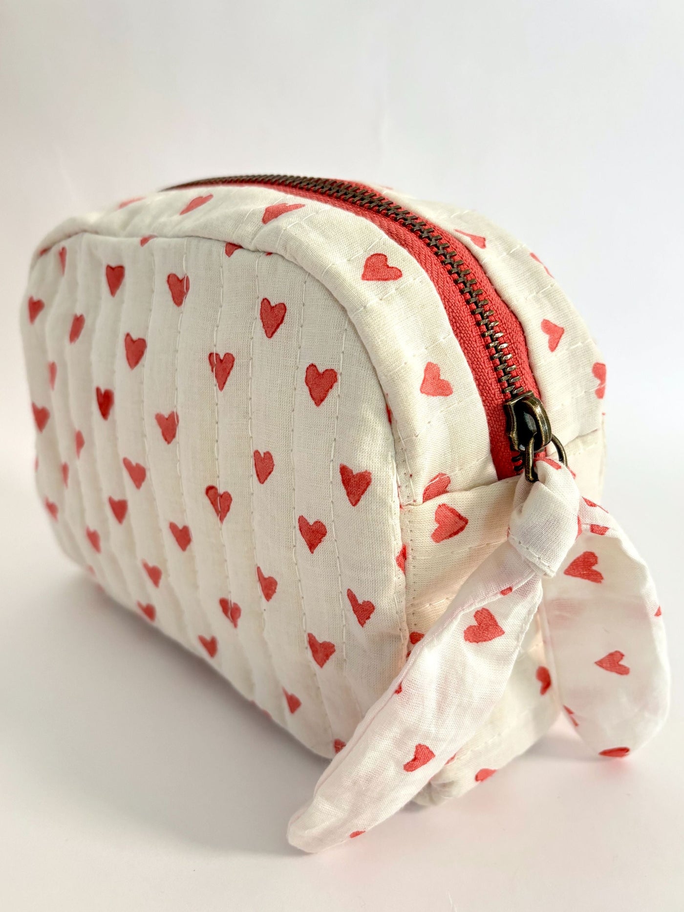 Red Hearts on White Quilted Cotton Travel Pouch