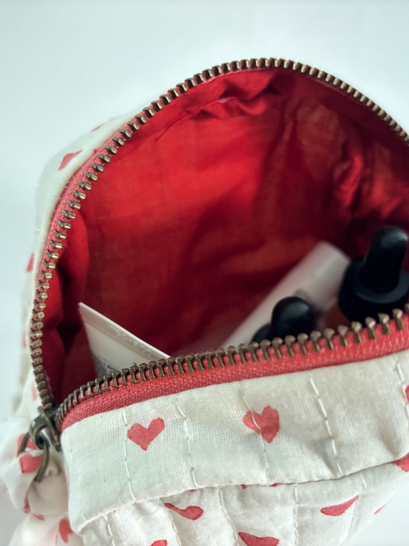 Red Hearts on White Quilted Cotton Travel Pouch