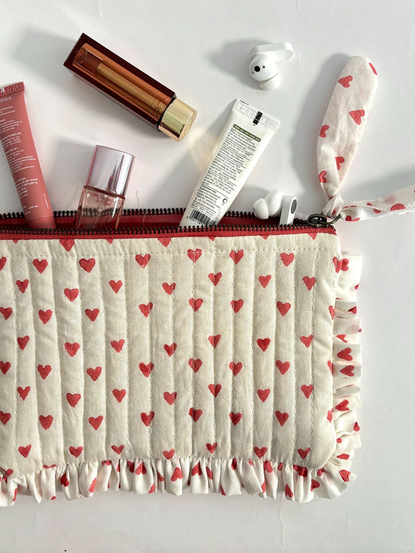 Red Hearts Sustainable Quilted Cotton Flat Frill Travel Pouch