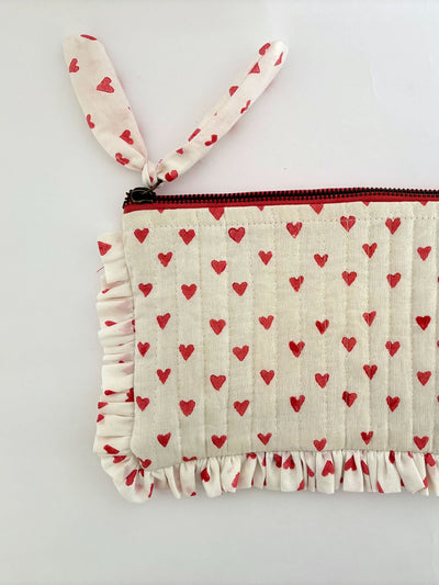 Red Hearts Sustainable Quilted Cotton Flat Frill Travel Pouch