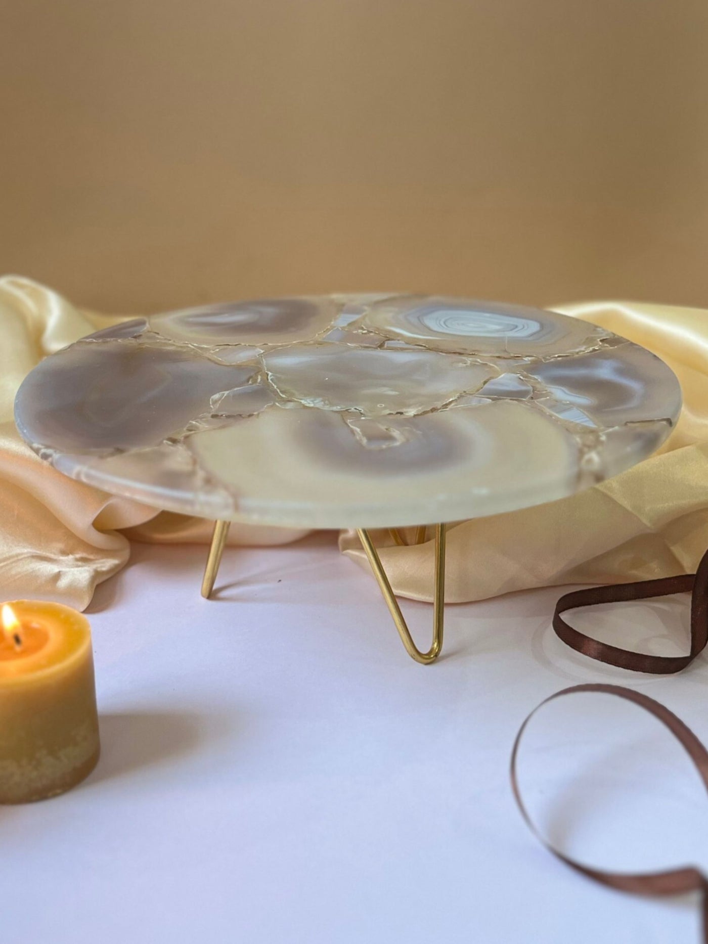 Round Agate Cake Stand with Metal Stand 10 Inch