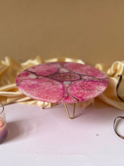 Round Agate Cake Stand with Metal Stand 10 Inch Pink