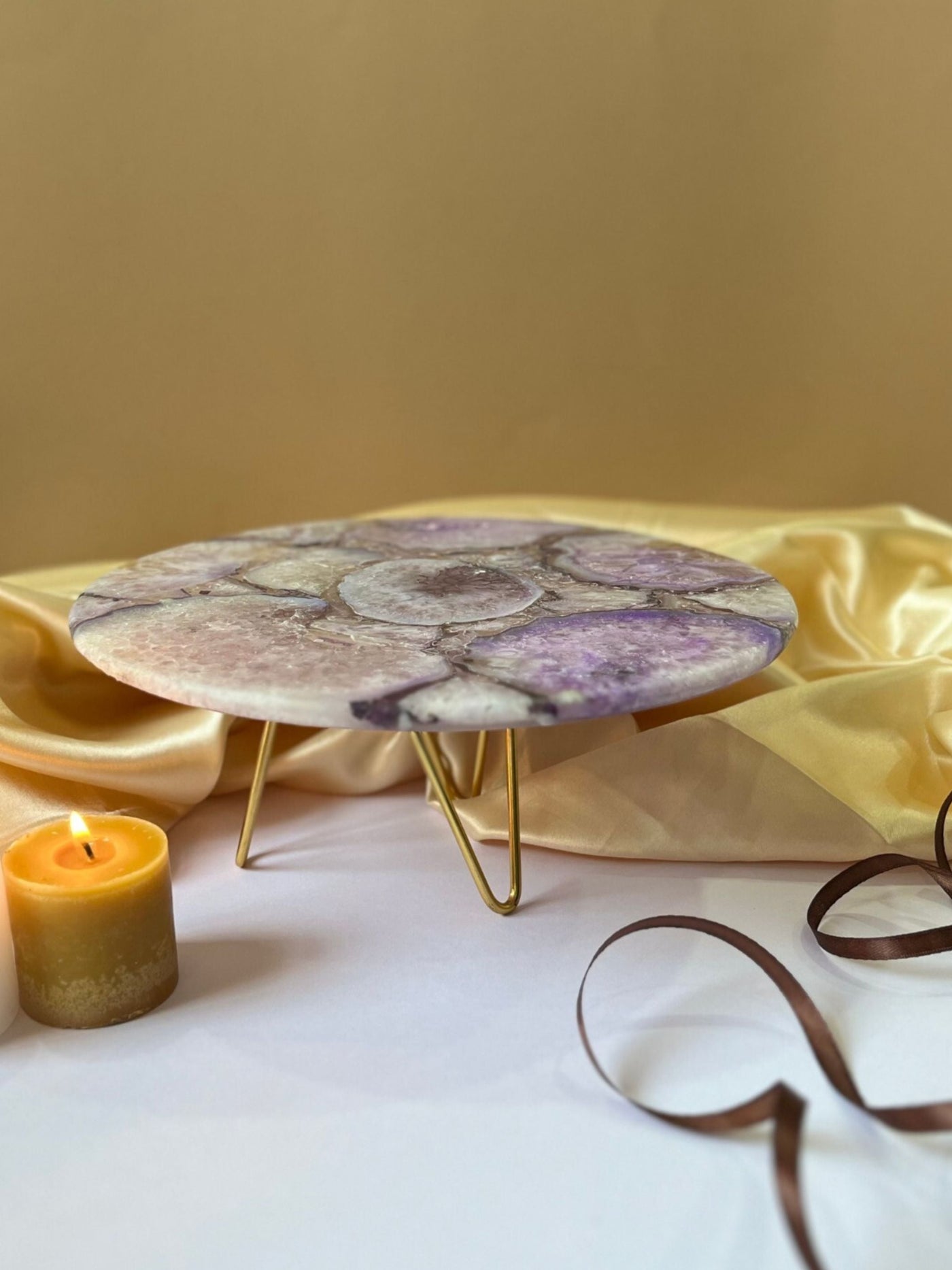 Round Agate Cake Stand with Metal Stand 10 Inch Purple