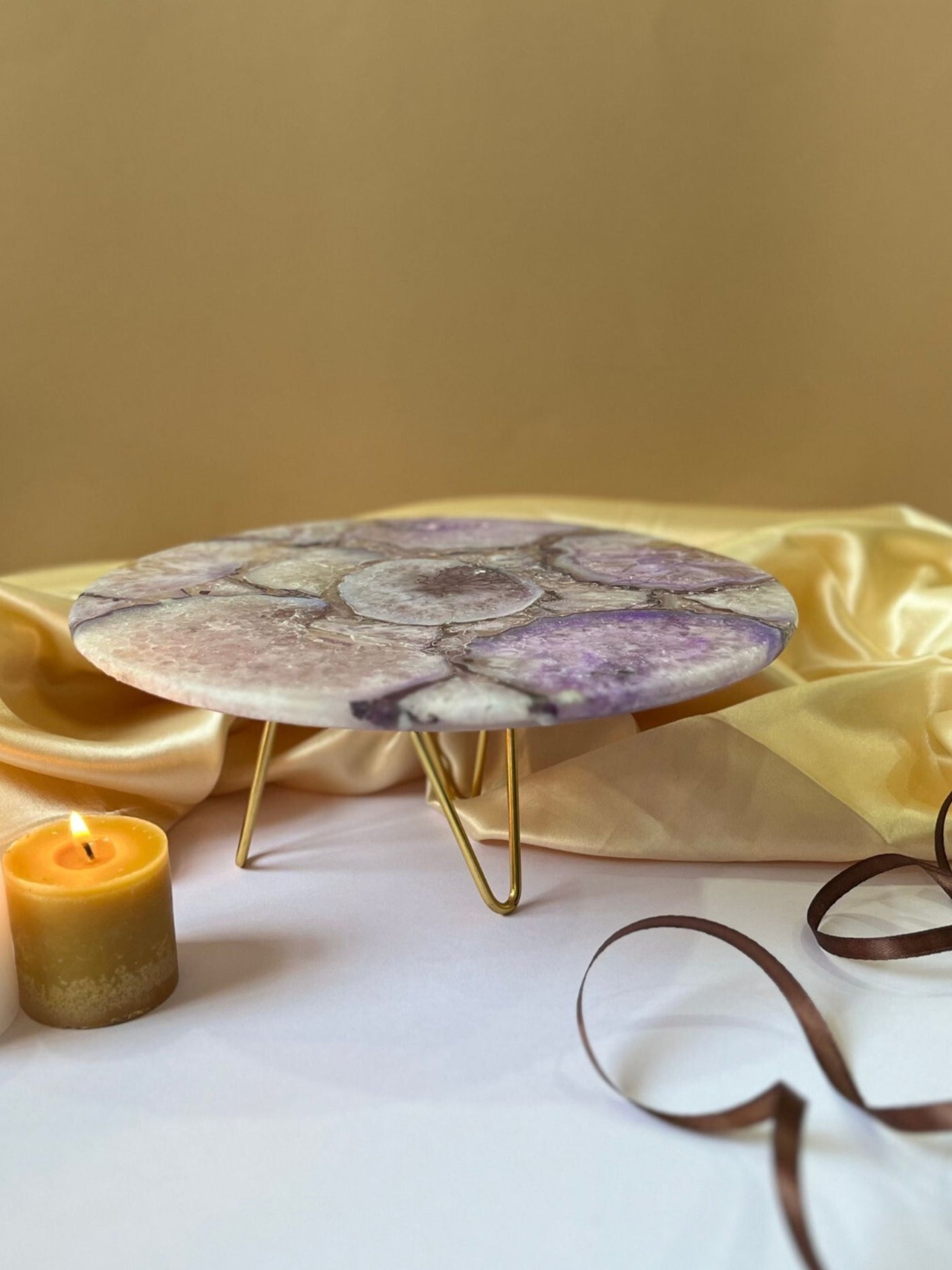 Round Agate Cake Stand with Metal Stand 10 Inch