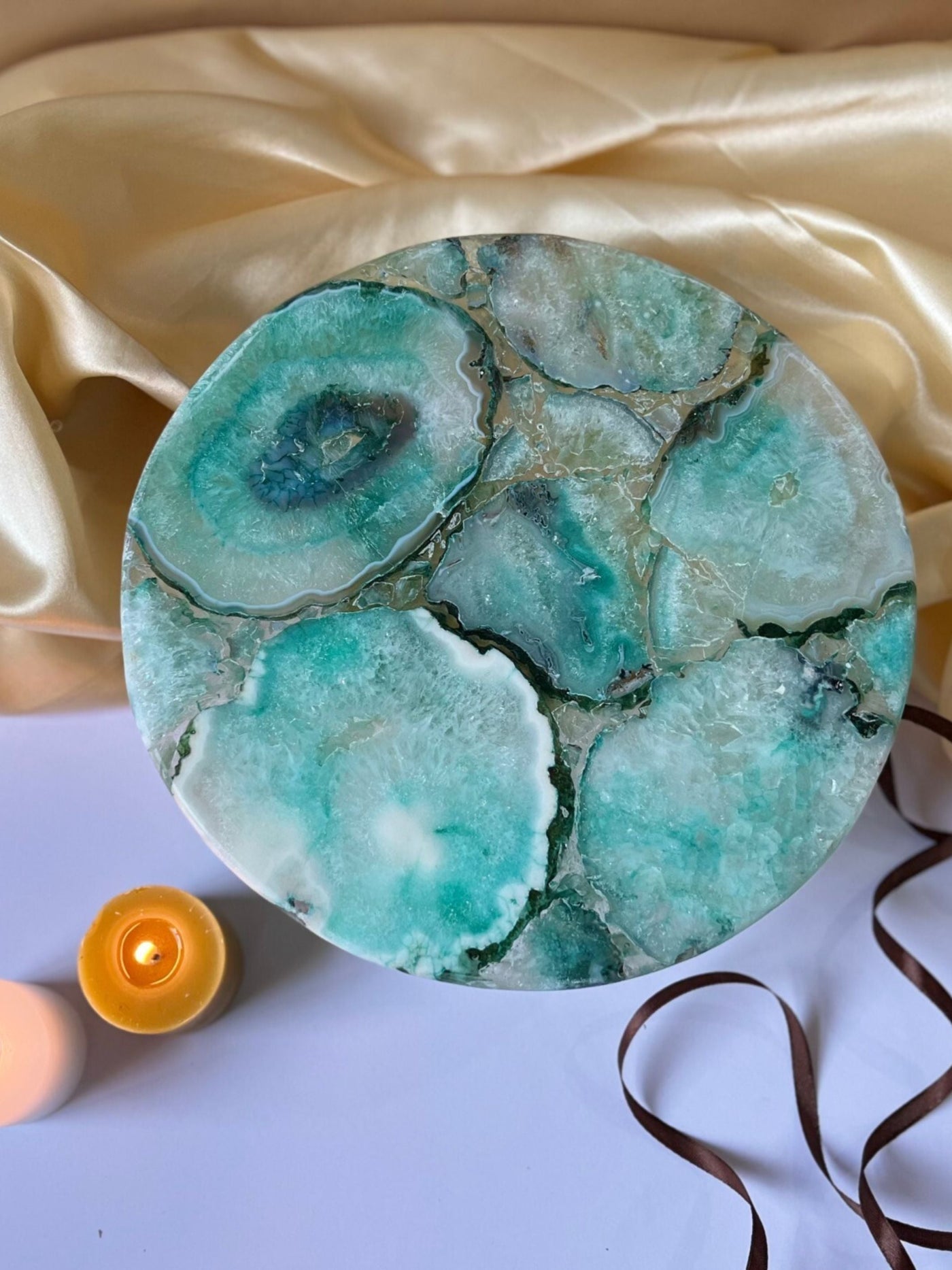 Round Agate Cake Stand with Metal Stand 10 Inch Turquoise