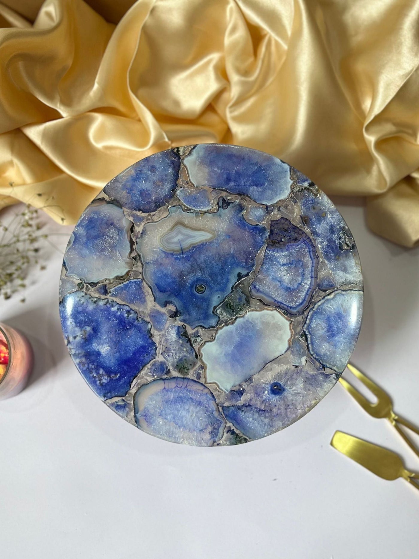 Round Agate Stone Cake Stand with Wood 10 Inch Blue