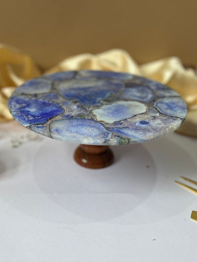 Round Agate Stone Cake Stand with Wood 10 Inch Blue